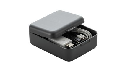 Gray box mockup holds cables with soft shadows. Use for product staging, branding, tech presentations, posters.