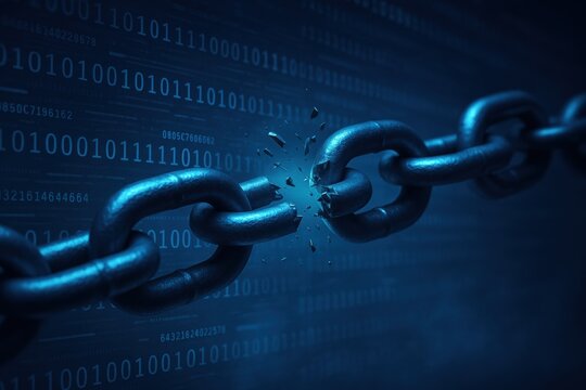 A Visual Representation of Data Security Breach: Chains Breaking Amidst a Digital Background of Binary Code and Cyber Threats