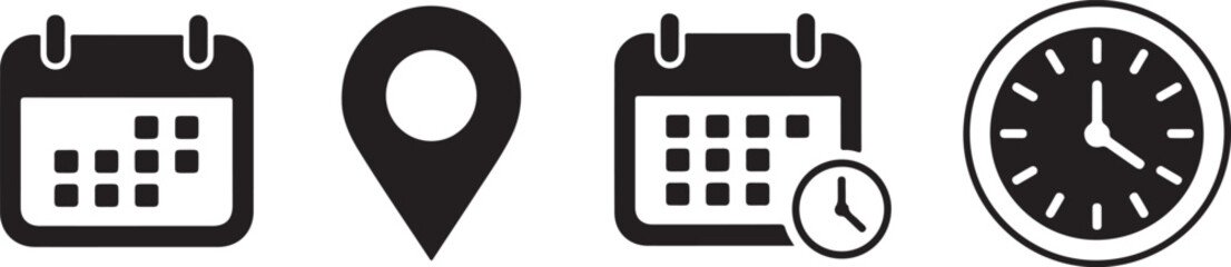 Calendar Reminder Icon Set with Time and Location Simple Black and White Illustration for Planning and Scheduling