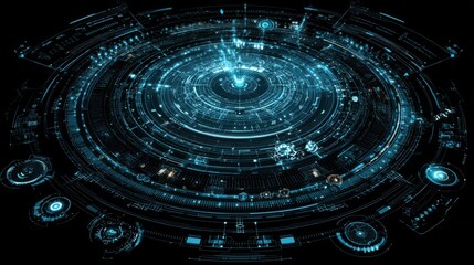 Circular abstract with glowing blue lines and shapes around