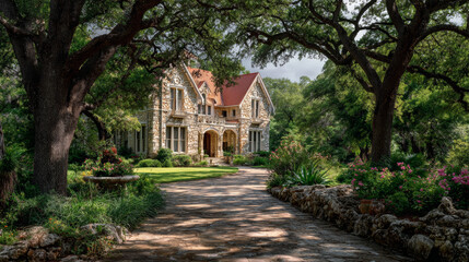 Charming Texas Estate with Stone Facade, Red Roof, and Garden Path Framed by Majestic Oak Trees and Blooming Landscape