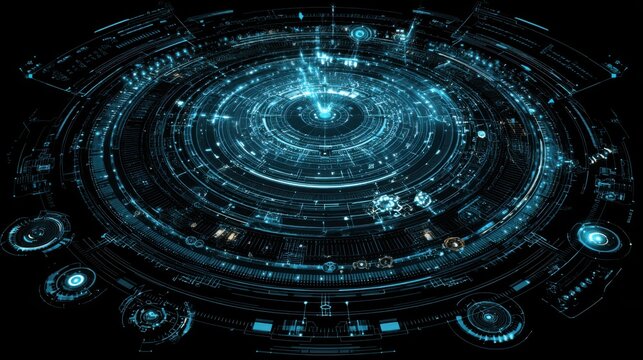 Circular abstract with glowing blue lines and shapes around