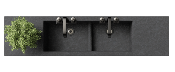 Overhead Perspective of Red Bathroom Countertop and Sink.