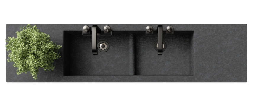 Overhead Perspective of Red Bathroom Countertop and Sink.