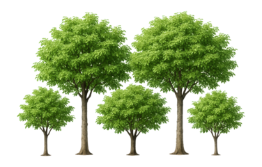 A row of five lush green trees of varying sizes, displaying healthy foliage and straight trunks on transparent background.