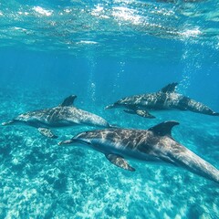 Fototapeta premium Three dolphins swim in vibrant, turquoise water