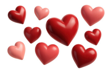 A collection of glossy red and pink hearts of varying sizes arranged in a lively pattern on transparent background.