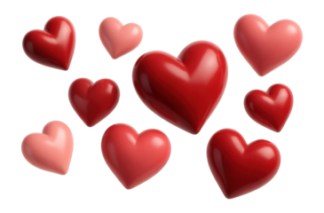A collection of glossy red and pink hearts of varying sizes arranged in a lively pattern on transparent background.
