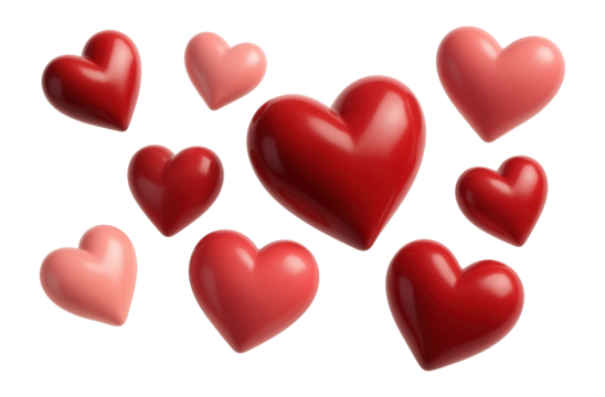 A collection of glossy red and pink hearts of varying sizes arranged in a lively pattern on transparent background.