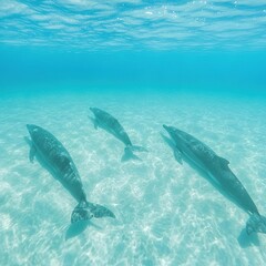 Fototapeta premium Three dolphins swimming in clear, shallow water