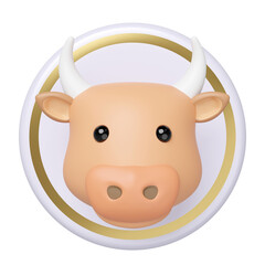 Vibrant 3D cartoon cow head icon with a glossy finish, set within a golden ring. This stylized ox symbol is ideal for zodiac, farm animals, or Lunar New Year concepts.