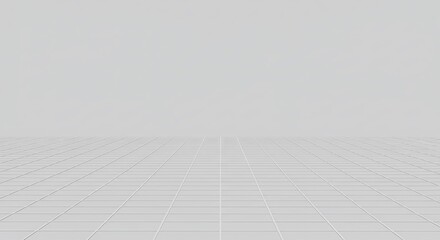 Abstract white virtual space with a minimalist perspective grid floor. A clean, empty background for technology or product display.