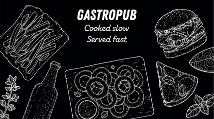 Gastropub menu. Pub food and beer. Hand drawn vector illustration. Food and drink sketch. Top view. Hand drawn food collection for gastropub or pub menu design. Beer, burger, french fries, snacks.
