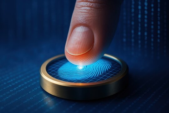 Exploring the Future of Security Technology: A Close-Up of a Fingerprint Scanner in Use with an Innovative Digital Display - Powered by Adobe