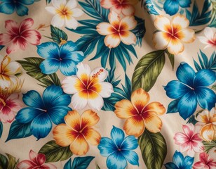 カラフルなハワイアンのハイビスカスのシームレス模様の背景のアップ