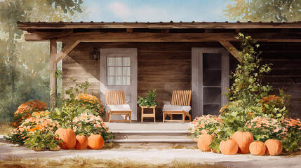 Watercolor, fall-themed Cottagecore: a white wooden porch with a bench, surrounded by pumpkins and flowers in the style of clipart illustrations. Small floral arrangements in light orange and dark bro