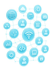 Blue network of interconnected digital icons representing cloud computing, data exchange, and internet communication on transparent background.