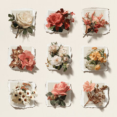 Realistic Vintage Floral Collection – Minimal Style on White Background
