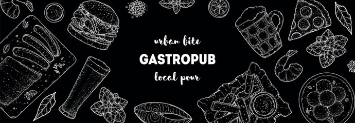 Gastropub menu. Pub food and beer. Hand drawn vector illustration. Food and drink sketch. Top view. Hand drawn food collection for gastropub or pub menu design. Beer,