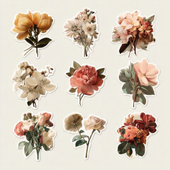 Vintage Botanical Art – 9 Realistic Flower Bouquets on White Background