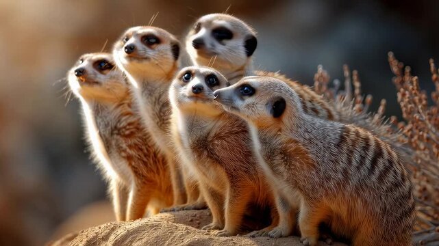 A captivating group of meerkats gazing upwards with curious expressions in the warm sunlight