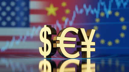 Golden currency symbols dollar euro yen against flags finance