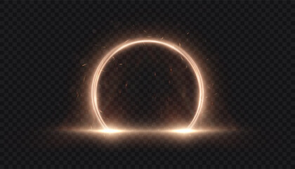 Glowing round arch with fire sparks and energy circle effect on dark background. Futuristic portal design for design and illustrations.