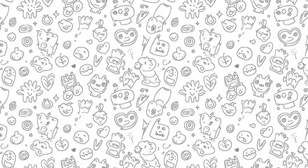 Chaotic urban doodle pattern with street art, music, and gaming icons. Seamless hand-drawn line art background for creative design.