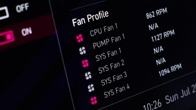 Computer screen displaying fan profile settings and RPM readings, with an active ON switch for optimal system cooling management