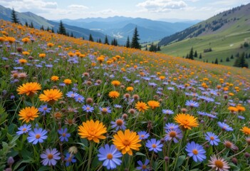 Obraz premium Close up Orange and Blue Wildflowers in a Mountain Meadow