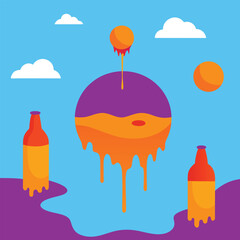Vector art of surreal scene with dripping liquid bottles and a planetary orb against a blue sky