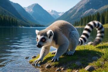 Obraz premium Ring-tailed lemur crouching at lake edge with majestic mountain background and natural daylight in wilderness concept scene. Ai generative