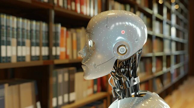 Robot Explores Library Environment Showcasing Advanced AI Technology Within Literary Backdrop