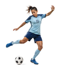Fototapeta premium Athletic female soccer player in full kick motion on isolated background