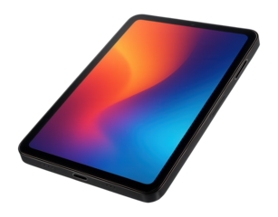 Modern tablet with colorful display and sleek black frame on transparent background.