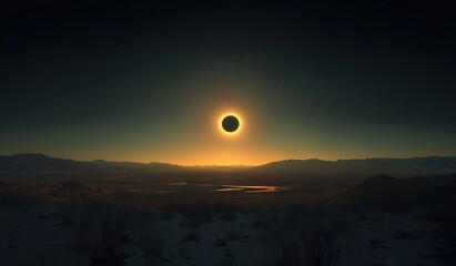 Total solar eclipse viewed from desert hills with a distant oasis under dramatic darkened sky and celestial phenomenon