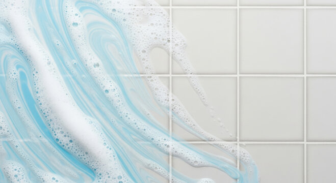 Blue and white soap foam swirls on clean tile wall, fresh and sparkling bathroom concept
