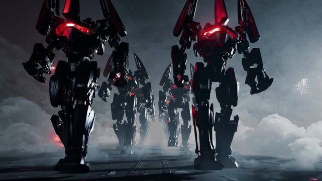 Low-angle shot of futuristic robots marching through fog, creating a dramatic, cinematic video scene with a sci-fi theme and moody lighting.