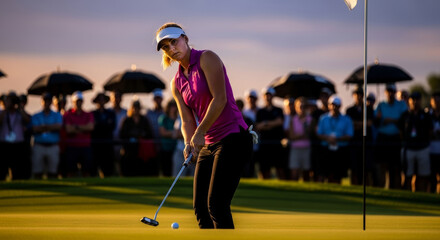 Focused female golfer in a pink shirt putting on a green during sunset, with a crowd of spectators in the background. Intense competition moment in a professional golf tournament.