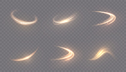 Bright, bright gold, glowing curved line with magic light effect. Glow effect for game interface design on transparent background.