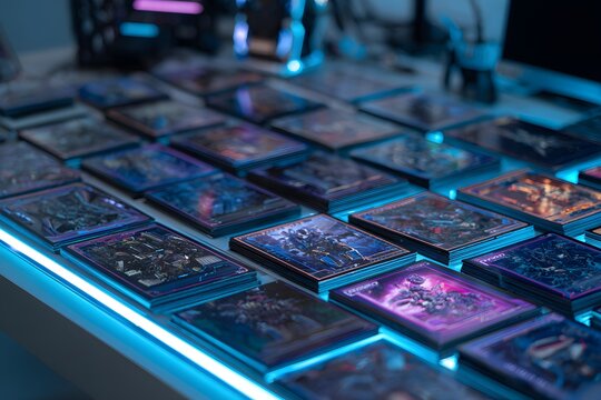 Stacks of collectible trading cards illuminated by blue neon lights