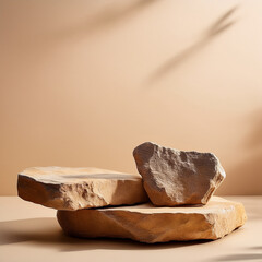 Natural stones on beige background with soft light, minimal abstract product display, organic eco design mockup.