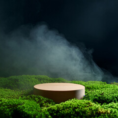 Round podium on green moss with mystical fog, abstract product background for cosmetics, technology, or minimal design concept.