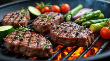 Juicy grilled beef tenderloin steaks with fresh vegetables in a cast iron pan