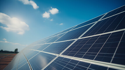 Rows of Solar Panels in Open Landscape Generating Renewable Solar Energy Under Clear Sky, Solar Farm Clear Blue Sky