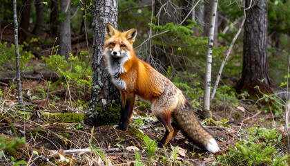 Obraz premium Majestic red fox portrait in natural forest habitat undergrowth environment outdoors