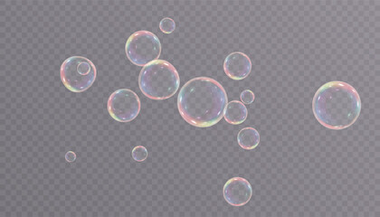 Realistic translucent soap bubbles with rainbow reflections. For designer decoration of advertising compositions, summer themes and creative illustrations.
