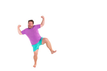 A funny fat man enjoys discounts in a store.