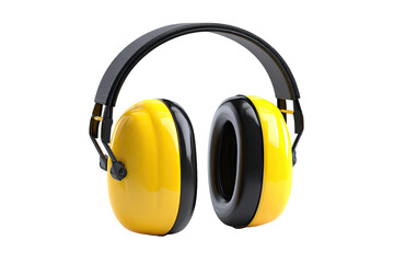 Bright yellow earmuffs, black headband, safety headphones