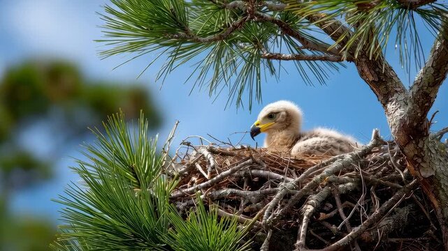 A young eaglet rests serenely in its nest, framed by lush green pine branches and a bright blue sky.
